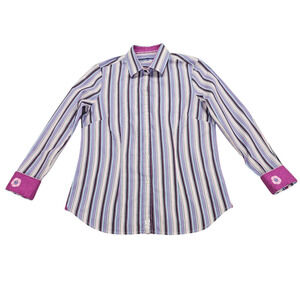 Robert Graham Shirt Womens Size Large Purple Pink Button Down Flip Cuff Striped